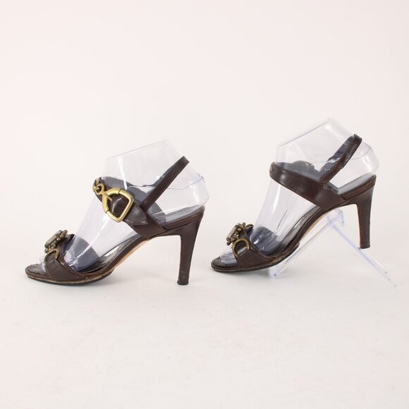 Manolo Blahnik Heels Sz 35.5 Teodo Calf Brown Brass Buckles Rhinestone Sandals - Picture 5 of 12